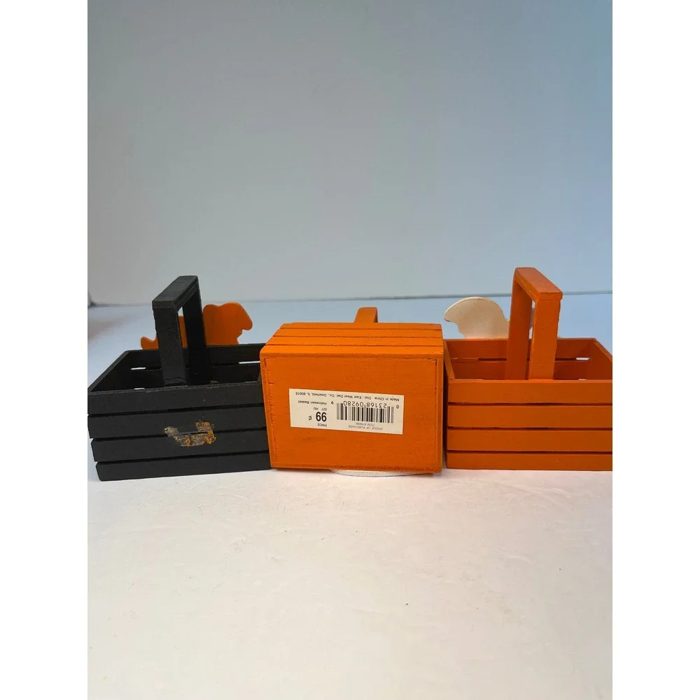 Fun World Halloween Holiday Basket Mini Wooden Crate Set 12pc Vintage Decor Gift